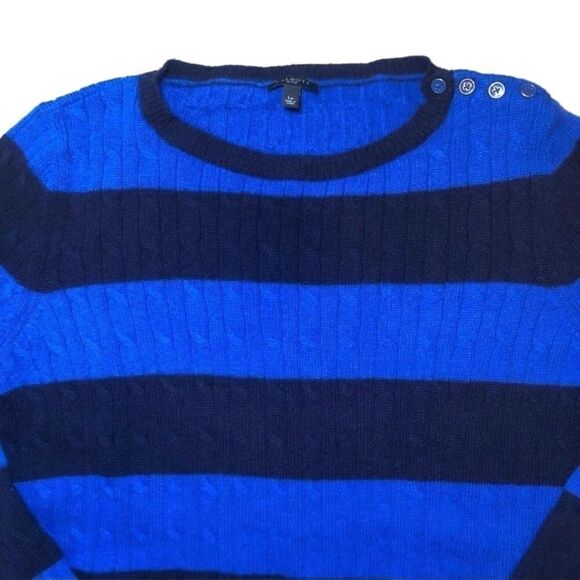 Talbots Striped Cable Knit Lambswool Blend Sweater Royal Blue/Black Women’s LP - Picture 2 of 7